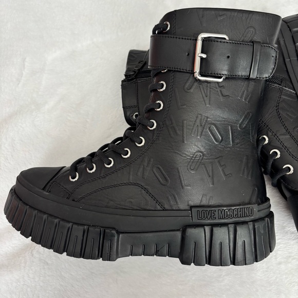 LOVE MOSCHINO Black Leather Moto Biker Boots--NEW--7 - Picture 7 of 15